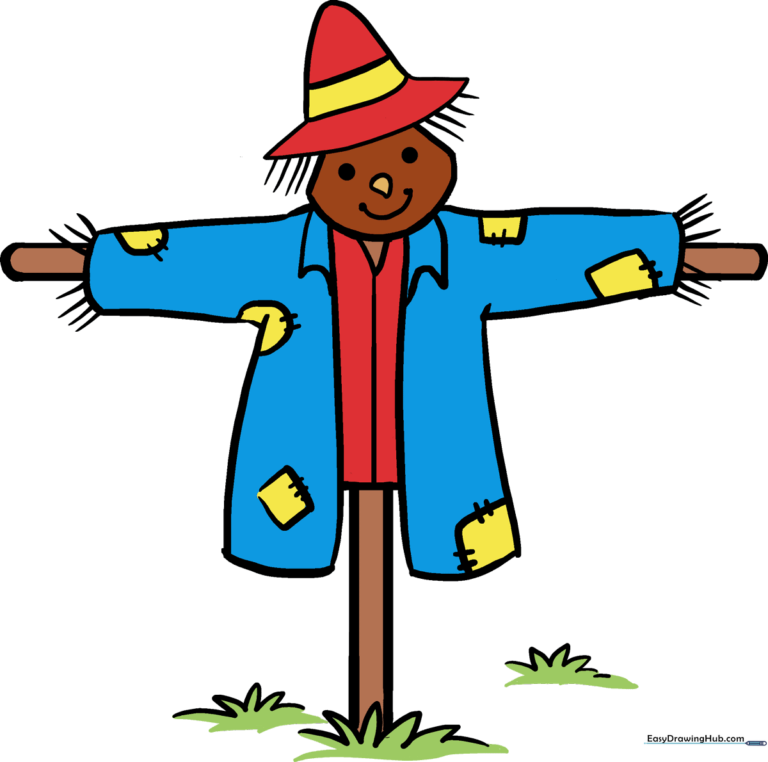 A friendly, colorful scarecrow standing in a field, perfect for fall-themed art projects.
