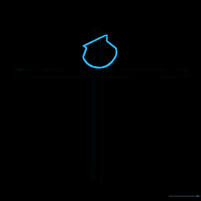 Sketching a rounded head shape resting on top of the wooden crossbeam structure.
