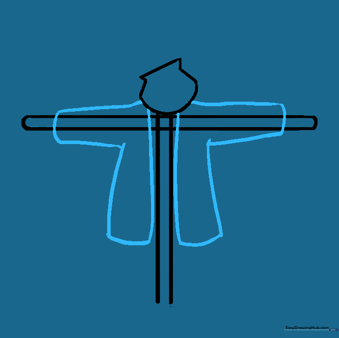 Drawing the outline of the scarecrow's jacket sleeves extending from the wooden frame.