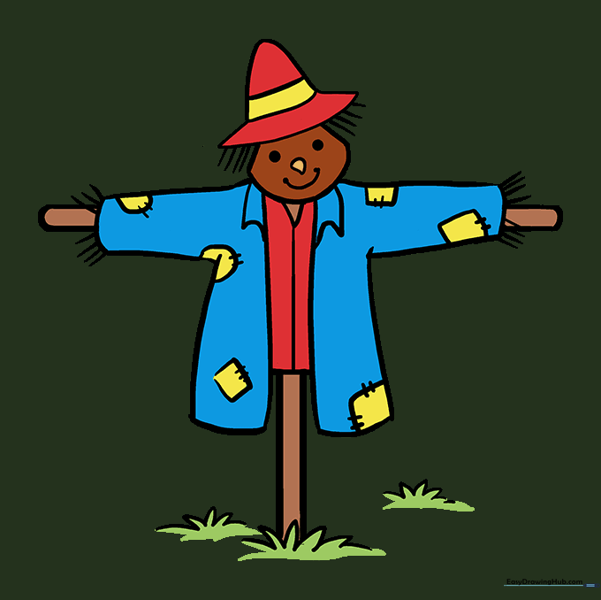 The finished, colored scarecrow drawing with vibrant autumn colors.