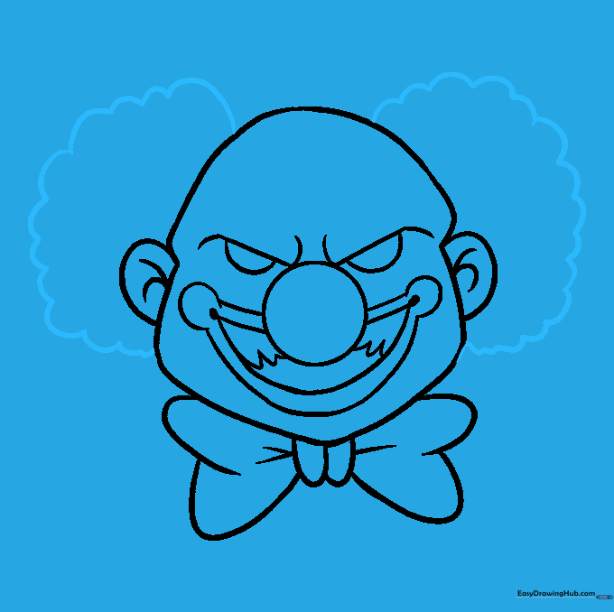 Drawing wild, fluffy hair tufts on the sides of the clown's head.