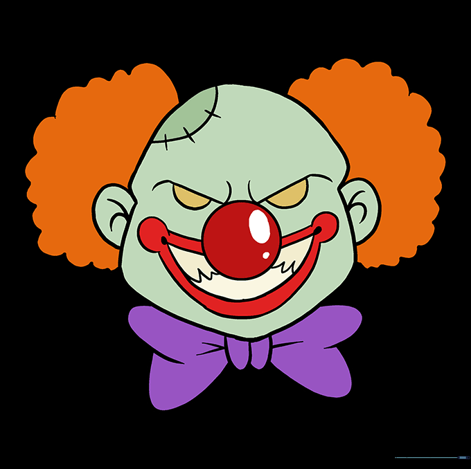 The completed scary clown illustration, fully colored and outlined.