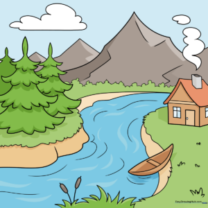 A completed, colorful cartoon landscape featuring a cabin, mountains, and a river.