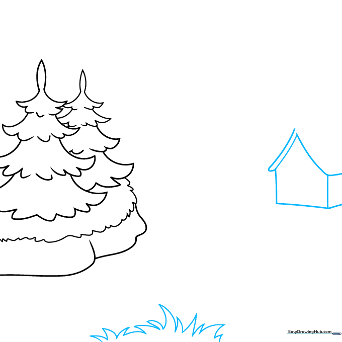 Outline of a small cabin structure on a riverbank.