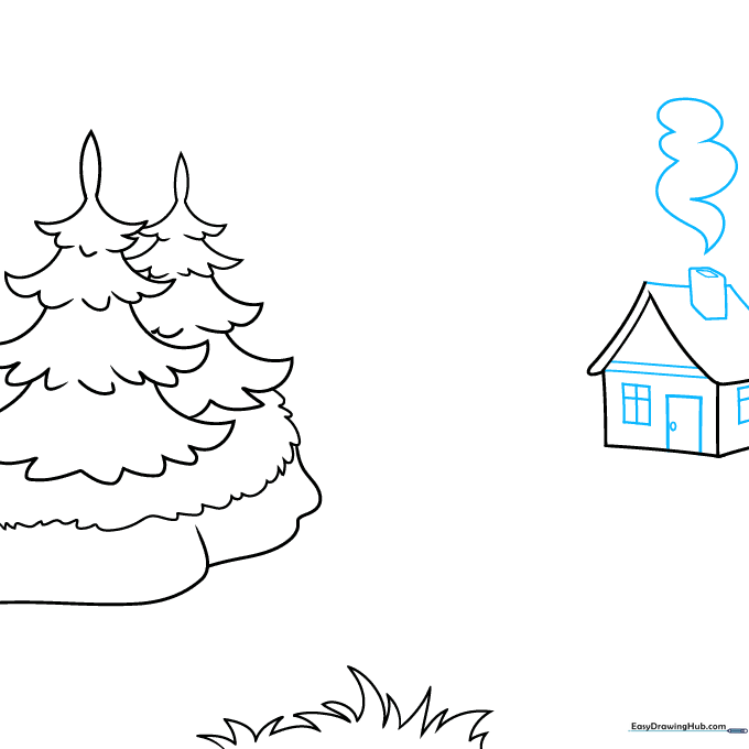 Adding windows, door, and chimney smoke to the cabin drawing.