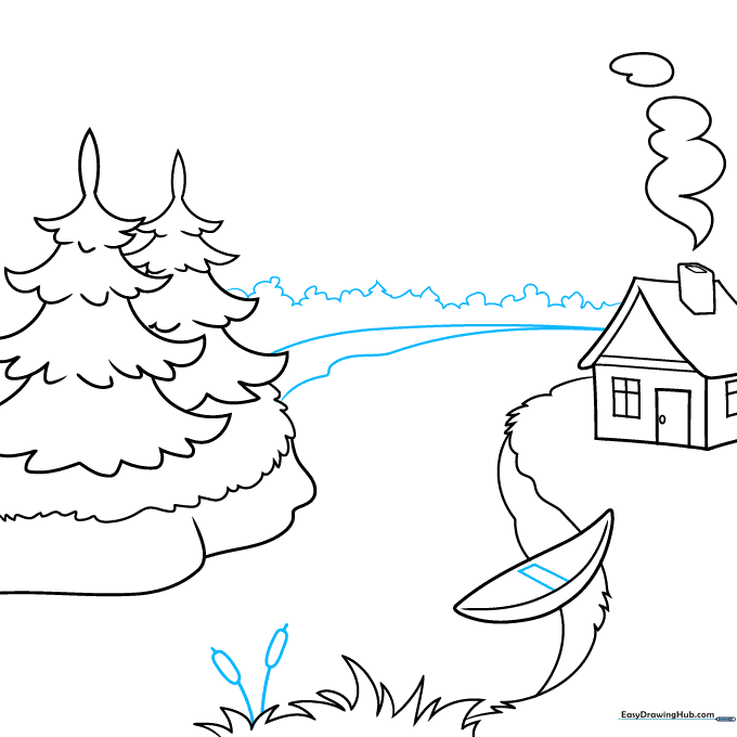 Drawing cattails and the river bend in the background.