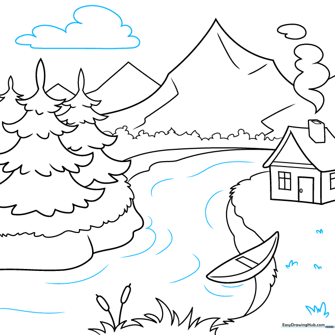 Finalizing the drawing with clouds, grass textures, and water ripples.