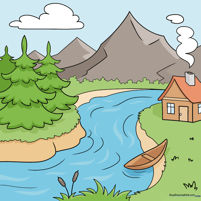 A fully colored landscape drawing with trees, mountains, and a river.