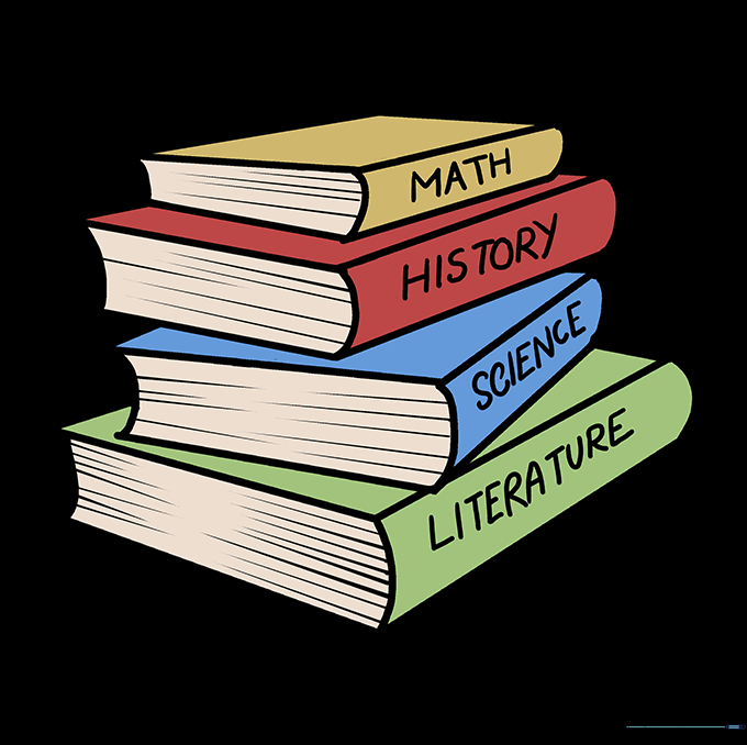The finished, colored drawing of a stack of school books.