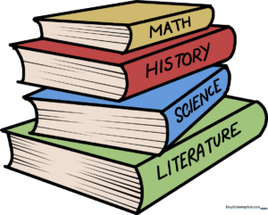 A colorful, finished illustration of a stack of school books, perfect for school-themed art projects.