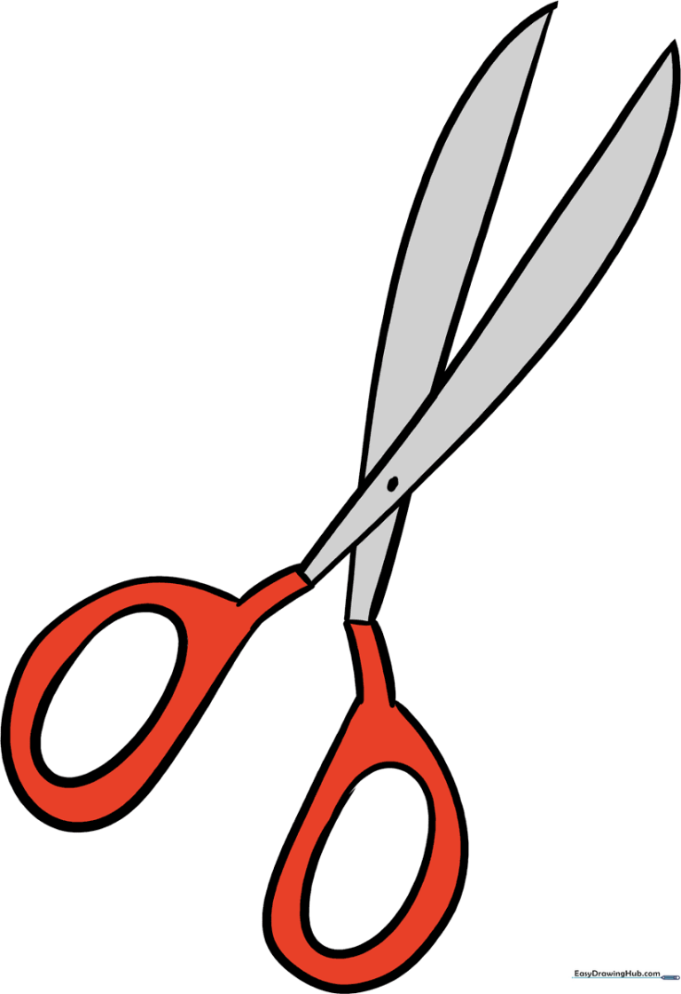 A colorful, finished drawing of a pair of scissors, showcasing the metallic blades and ergonomic handles.