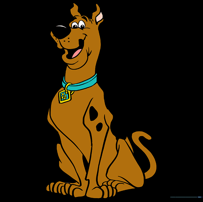The final colored drawing of Scooby-Doo with brown fur, black spots, and a blue collar.