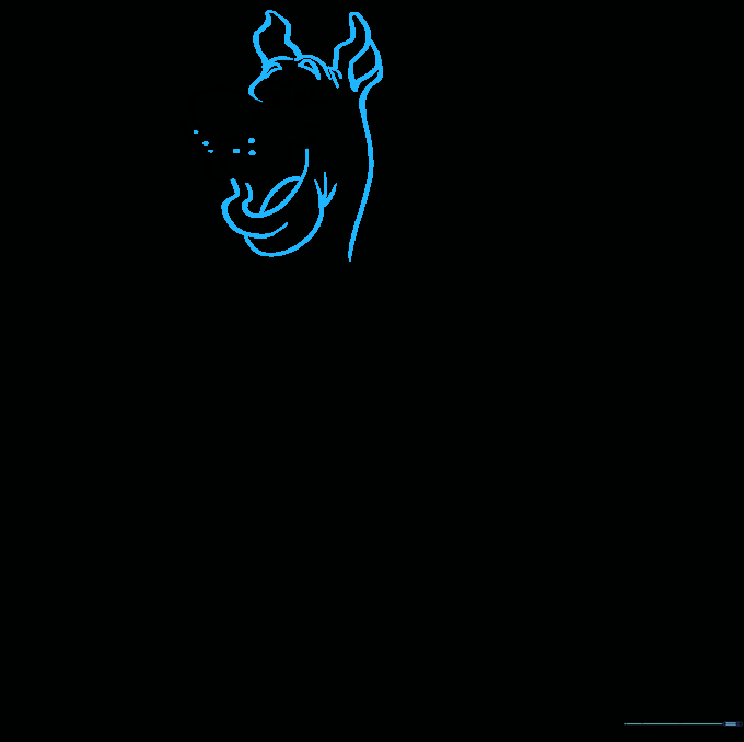 Detailed sketch of Scooby-Doo's head, showing the open mouth, tongue, and large floppy ears.