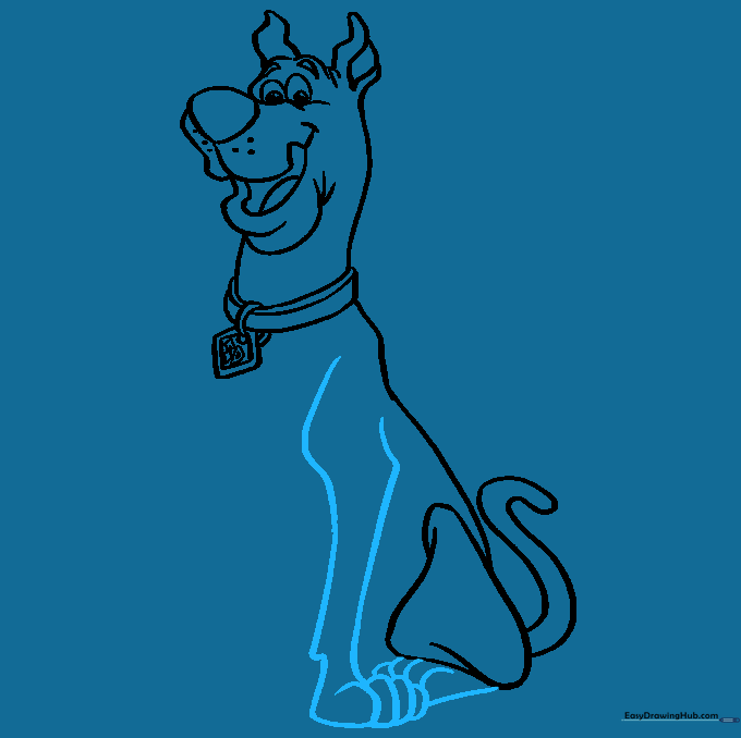 Sketching the front legs and paws of Scooby-Doo, emphasizing his knobby joints.