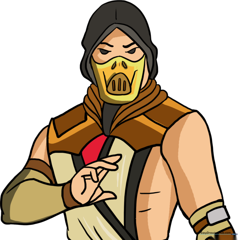 Finished artistic illustration of Scorpion from Mortal Kombat, showcasing the completed drawing.