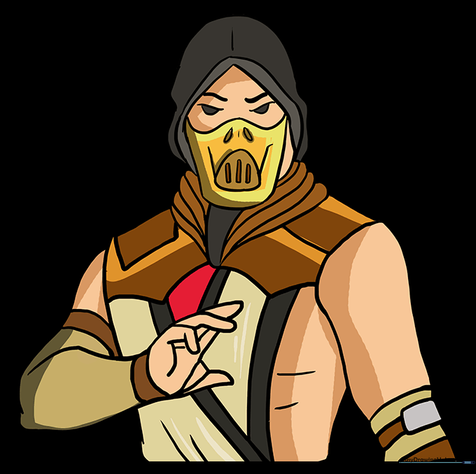 The final colored drawing of Scorpion in his signature yellow and black ninja uniform.