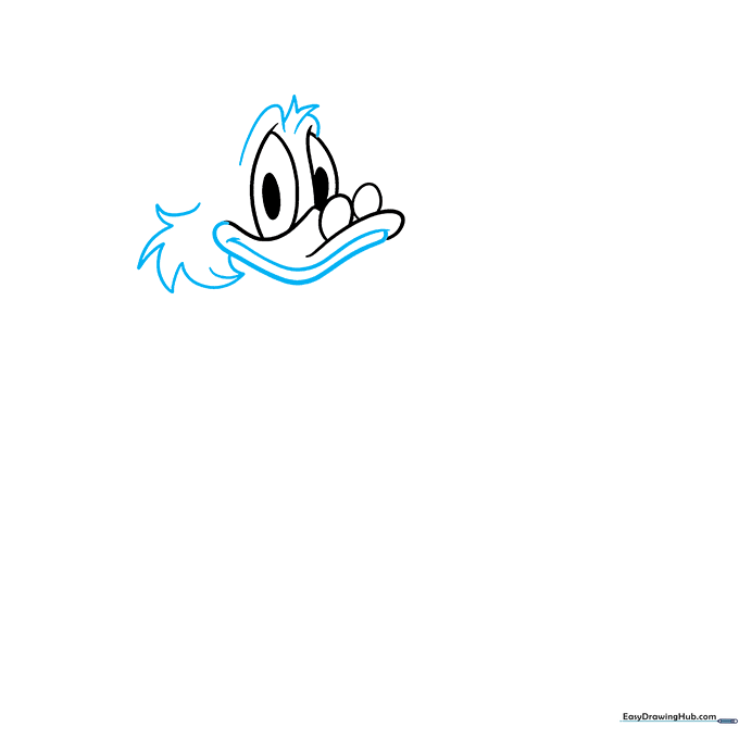 Drawing the beak and feathery tufts around the eyes of Scrooge McDuck.