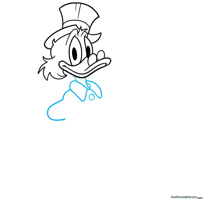 Sketching the neck, collar, and shoulder details of Scrooge McDuck's coat.