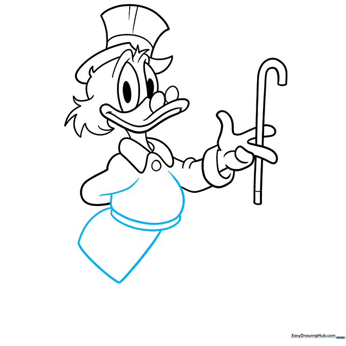 Outlining the torso, belt, and coat tails of Scrooge McDuck.