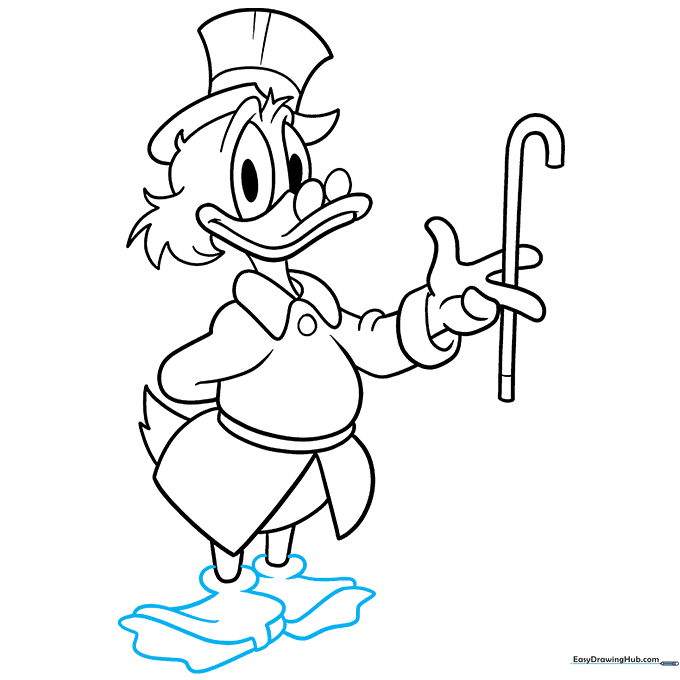 Finalizing the drawing by adding the webbed feet and shoes.