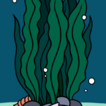 A vibrant, finished drawing of seaweed with a shell and bubbles, perfect for ocean-themed art projects.