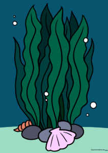 A vibrant, finished drawing of seaweed with a shell and bubbles, perfect for ocean-themed art projects.