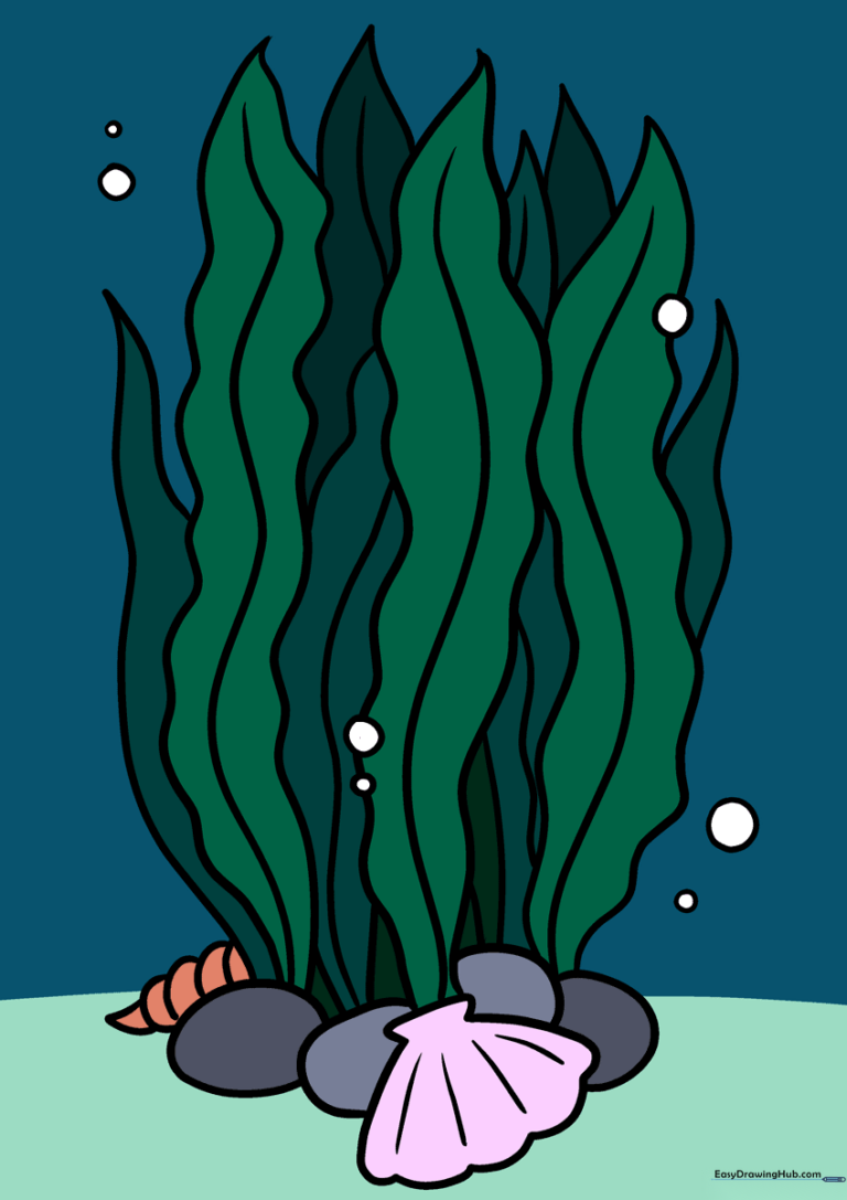 A vibrant, finished drawing of seaweed with a shell and bubbles, perfect for ocean-themed art projects.