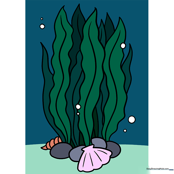 The final colored seaweed drawing with green leaves, brown rocks, and blue bubbles.