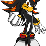 A high-quality, finished illustration of Shadow the Hedgehog in an action pose.
