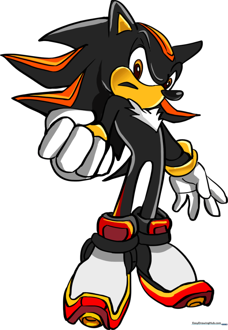 A high-quality, finished illustration of Shadow the Hedgehog in an action pose.