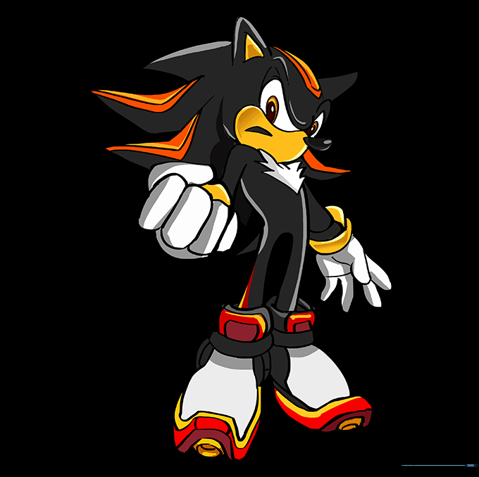 The completed, colored drawing of Shadow the Hedgehog featuring his signature black, red, and white color scheme.