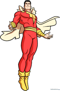 Full-body illustration of Shazam in a heroic pose, ready for coloring.