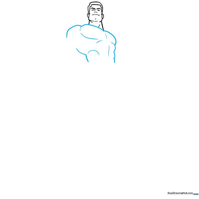 Drawing the chest and abdominal muscles using curved, overlapping lines.
