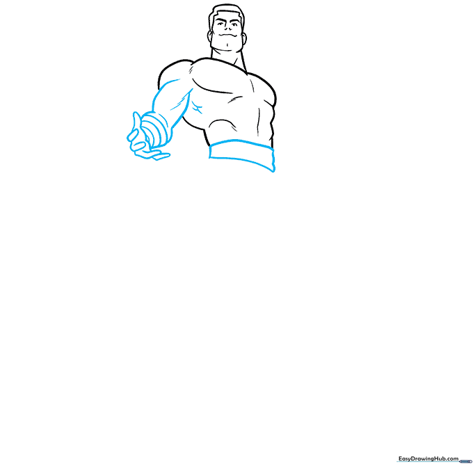Sketching Shazam's belt and one extended muscular arm.