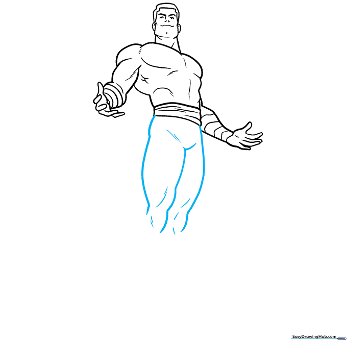 Sketching the legs and muscle contours of the superhero.