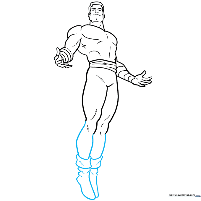 Drawing the boots and lower leg details for the Shazam character.