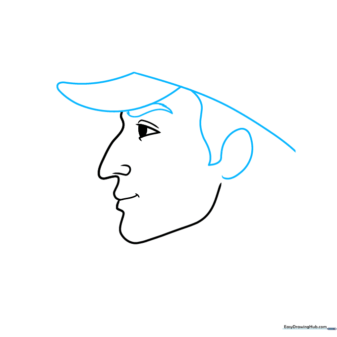Drawing the bill of the deerstalker hat and a bushy eyebrow on the Sherlock Holmes character sketch.