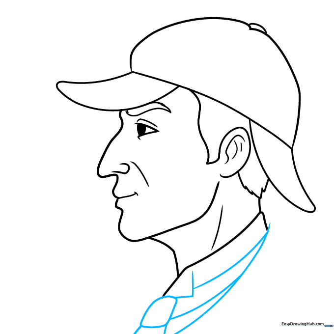 Drawing the lapels, necktie, and overcoat collar for the Sherlock Holmes character.