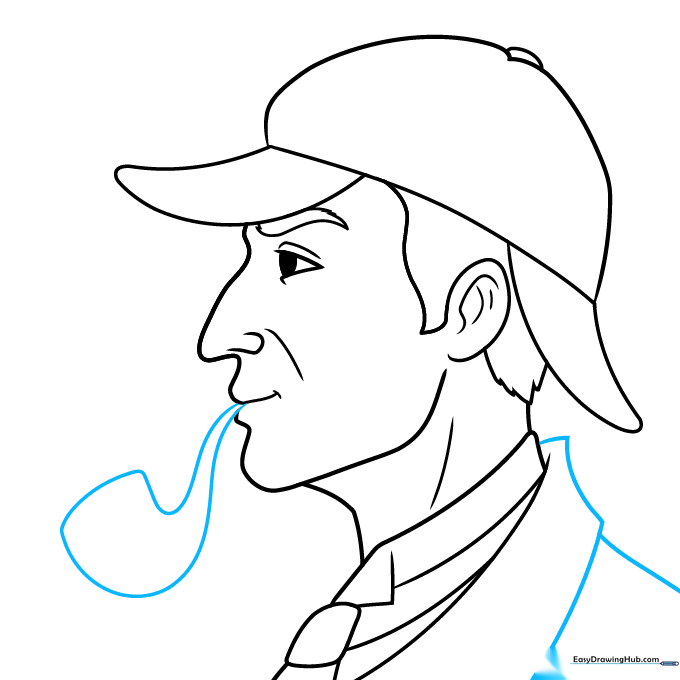 Adding the signature pipe to the Sherlock Holmes character drawing.