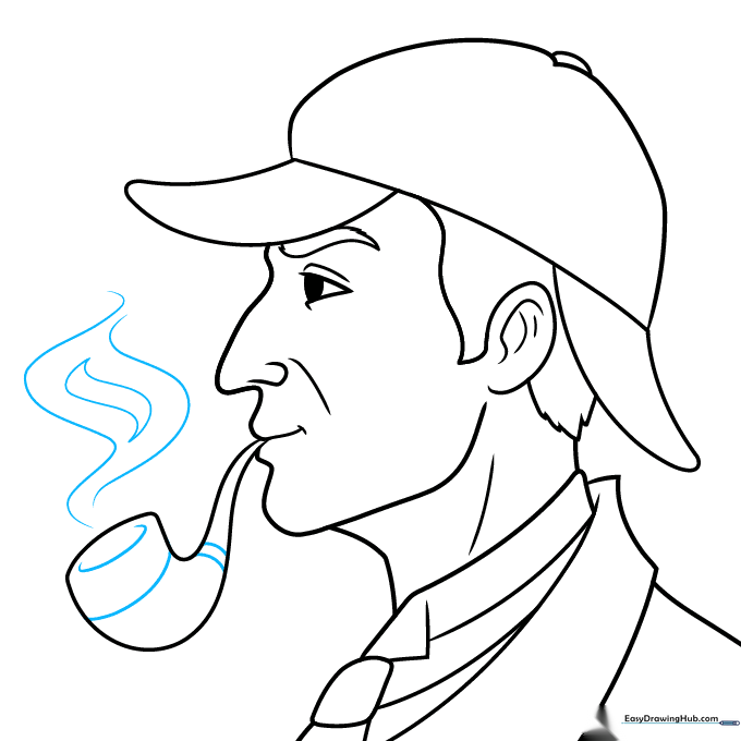 Adding pipe details and wisps of smoke to the Sherlock Holmes drawing.