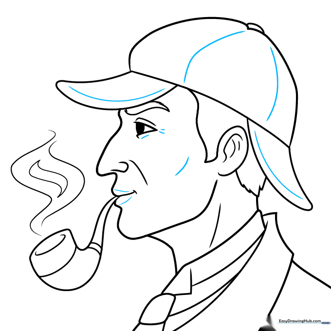Adding final facial contours and shading lines to the Sherlock Holmes portrait.