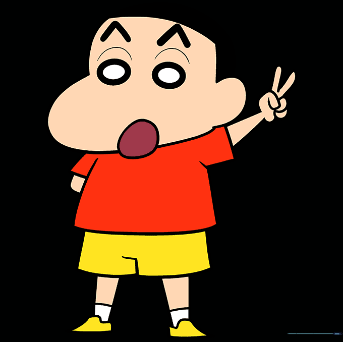 The completed Shin-chan drawing colored with red and yellow.