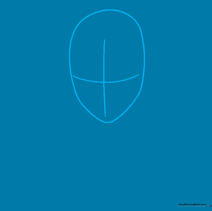 Pencil sketch showing a rounded jawline with a light crosshair guide for facial features.