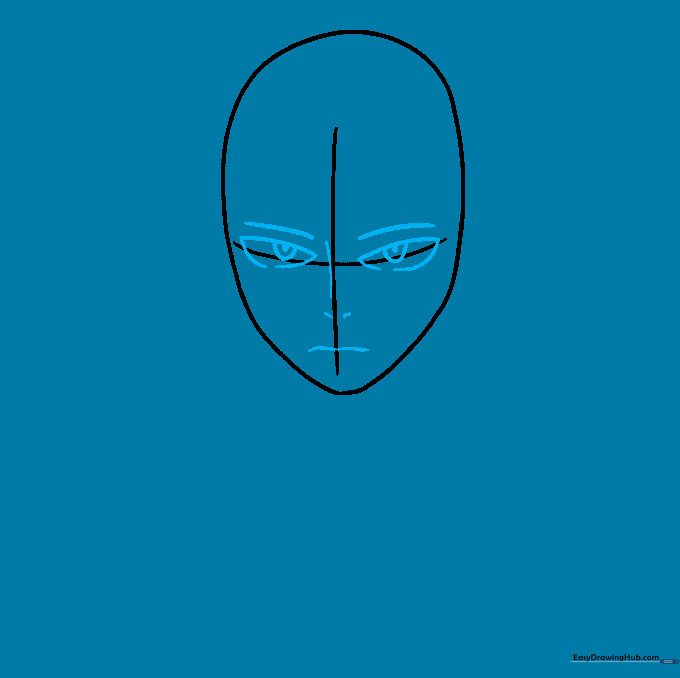 Detailed sketch of Shoto's eyes, eyebrows, nose, and mouth positioned on the face guide.