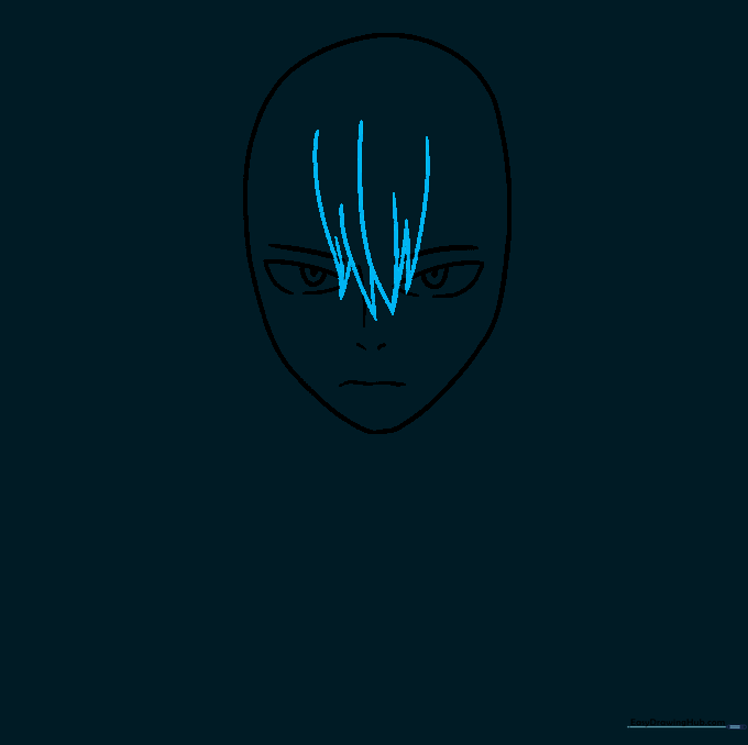 Sketch of Shoto's hair bangs with jagged, spiky edges framing the forehead.