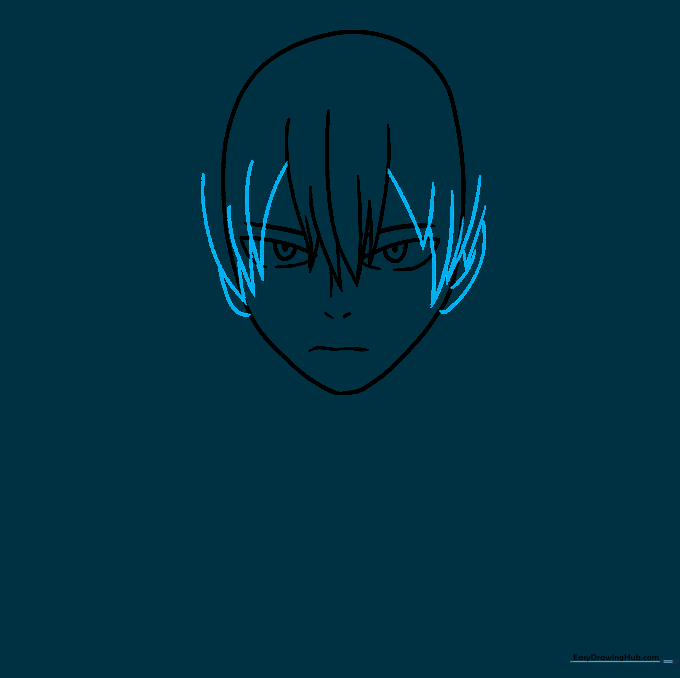 Sketch showing the hair extending down the sides of the face with ears added.