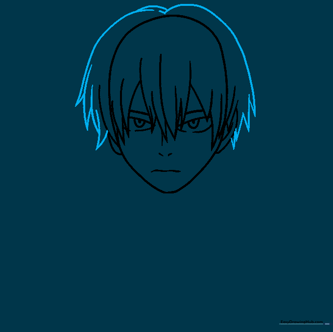 Sketch of the top of Shoto's hair with lines converging at the crown.