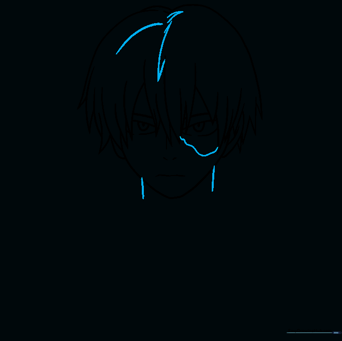 Finished head sketch including the hair parting line, facial scar, and neck.