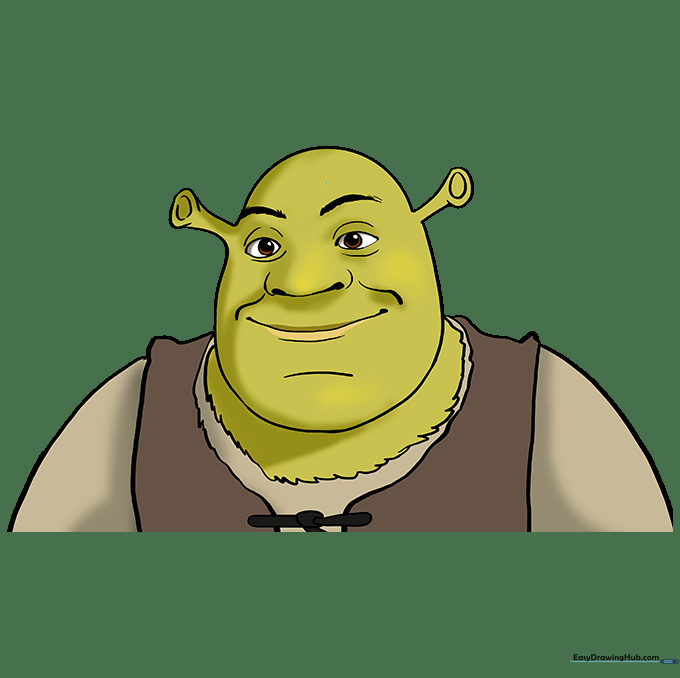 The final colored drawing of Shrek featuring green skin and his signature brown vest.