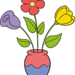 A colorful, finished drawing of a bouquet of flowers in a vase.